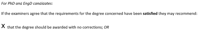 Section of Ph.D report showing that the examiners recommend the degree be awarded with no corrections.