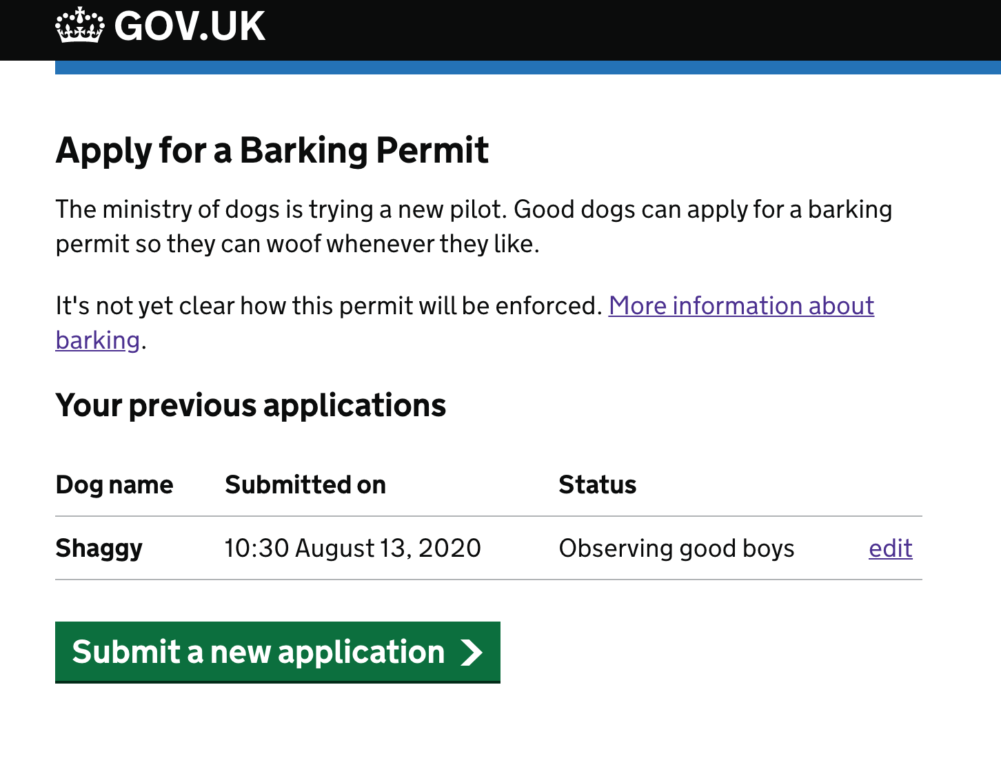 Screenshot of the service, showing one previous application in the state “observing good boys”.